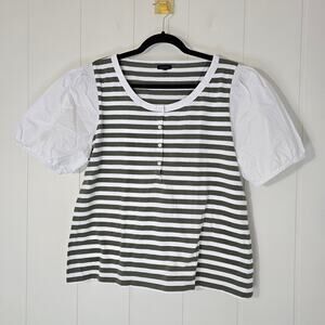 Talbots Puff Sleeve Blouse Stripes Casual Cotton Henley Size XL